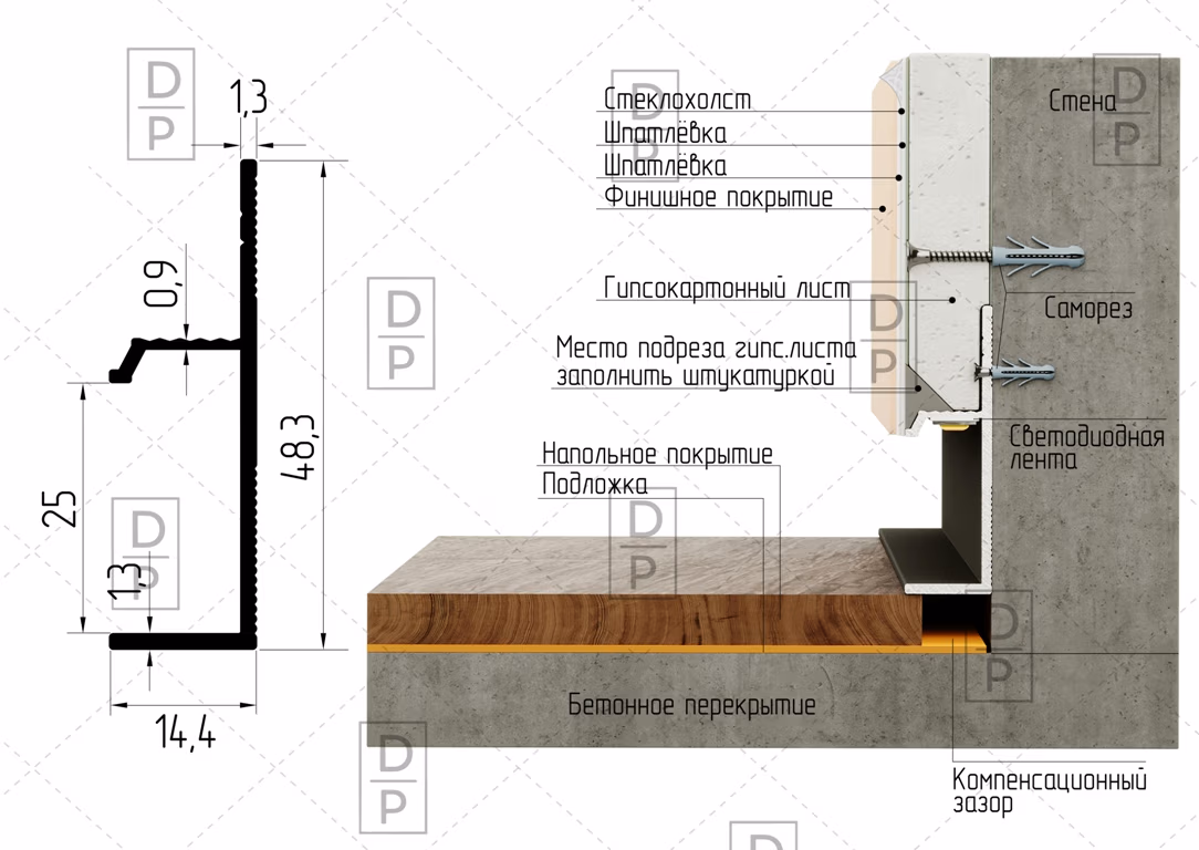 Плинтус с ножкой AP1029 алюминиевый - Микроплинтусы и мини-системы